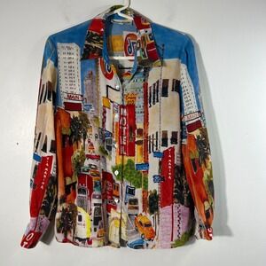 Nicole Taylor Silk Beaded Street Scenes Button Shirt Long Sleeve S